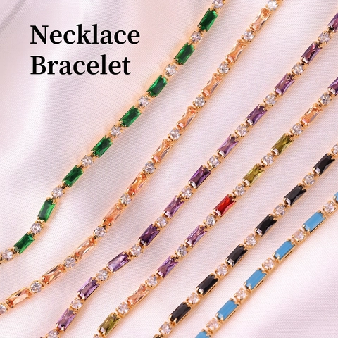 Colored Zircon Tennis Necklace Copper 18K Gold Plated Emerald Cut Rectangular Round Stones Choker Jewelry For Women