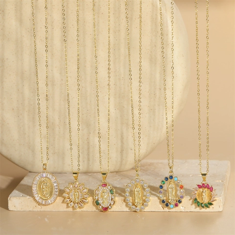 Virgin Mary Pendant Necklace Copper With Zircon Religious Retro Gold Plated Jewelry Women
