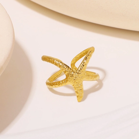 Anillo De Estrella De Mar Textura Martillada Chapado En Oro Acero Inoxidable Ajustable Abierto Estilo Marino Joyería Para Mujer