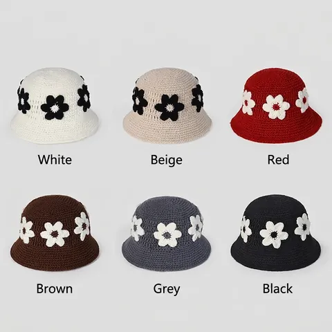 Handgefertigter Häkel Fischerhut Gestrickte Blumen Warmer Bucket Hat Damen Süß Vintage Faltbar Winter