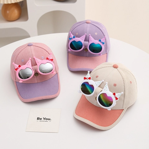 Kids Corduroy Baseball Cap With Detachable Sunglasses Cartoon Cat Ears Patchwork Soft Warm Sun Hat For Boys Girls