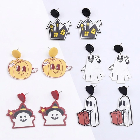 Halloween Earrings Acrylic Cartoon Ghost Pumpkin Skull Print With Stainless Steel Earring Post For Women Party Costume