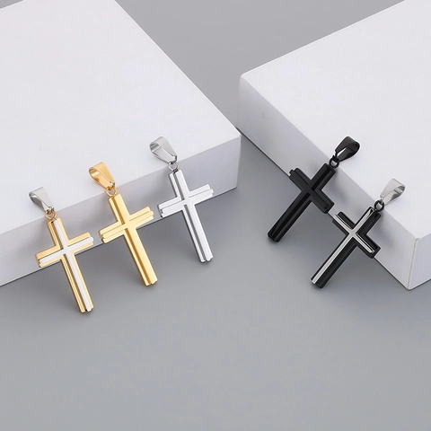 Stainless Steel Double Layer Cross Pendant Necklace Minimalist Punk Style Religious Jewelry For Men Women Unisex Gift