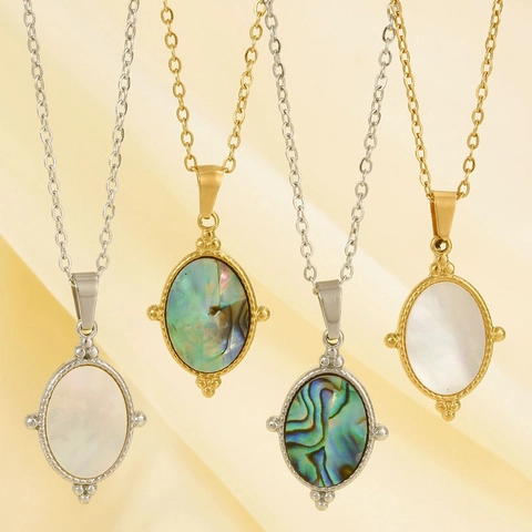 Vintage 304 Stainless Steel Oval Pendant Necklace For Women Natural Mother Of Pearl Abalone Shell Beaded Edge Fashion Jewelry