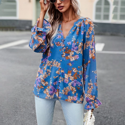 Dames Blouse Met Bloemenprint V-Hals Lange Mouwen Ruches Manchetten Knopen Chiffon Elegante Losse Shirt