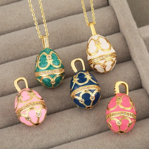 Russian Style Egg Pendant Necklace Enamel Copper Gold Plated Stainless Steel Chain Openable Zircon Jewelry For Women