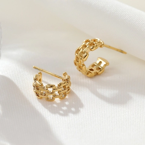Geometric Hollow Mesh Woven Anchor Link C Shape Stud Earrings Gold Plated Stainless Steel Jewelry For Women