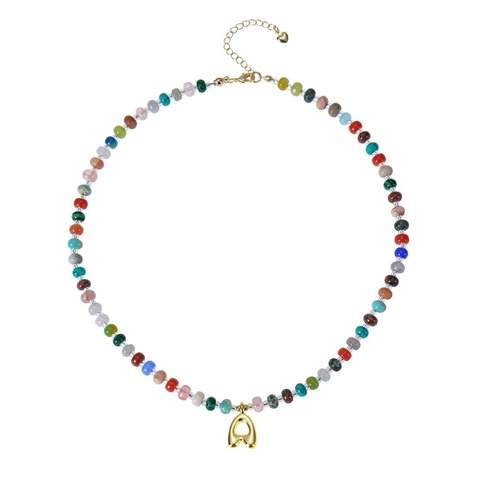 Collana Di Perline In Pietra Naturale Bohémien Turchese Cristallo Colorato Con Ciondolo Lettera Bolla In Rame Per Donna