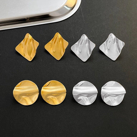 Irregular Geometric Stud Earrings Brass Gold Plated Wrinkled Texture Retro Liquid Metal Style Jewelry For Women