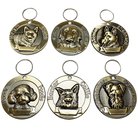 Pet Dog ID Tags Bronze Metal Engravable Style Anti-Lost Identity Plate With 3D Relief Dog Breed Embossed Pendant