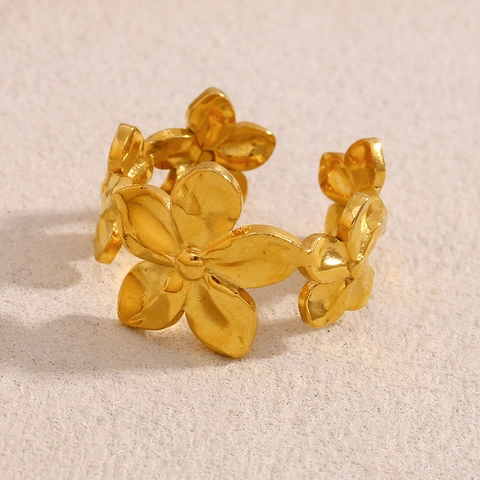 Blumenring Offen 18K Vergoldet Edelstahl Verstellbar Schick Hohl Fünf Blütenblatt Floral Schmuck Für Frauen