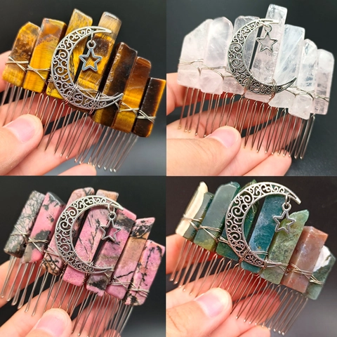 Handgemaakte Haarkam Met Natuurlijke Kristalpunten En Metalen Maan Ster Bedeltjes Elegante Bohemien Hoofdtooi Voor Dames