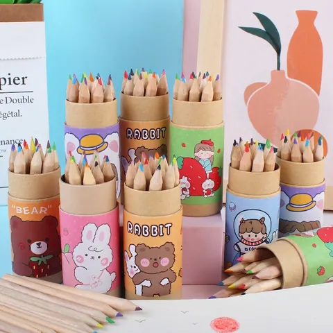 Lápices De Colores De Madera Mina Aceite Dibujo Papelería Estuche Cilíndrico Portátil Tapa Sacapuntas Suministros De Arte Para Niños