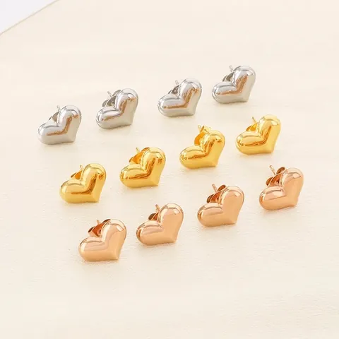 Stainless Steel Heart Stud Earrings 3D Puff Mirror Polished Minimalist Fashion Jewelry For Women