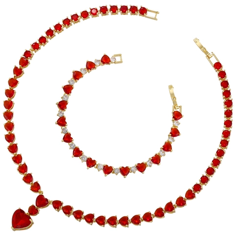 Lussuosa Collana o Bracciale in Ottone Placcato Oro con Zirconia Rossa a Forma di Cuore per Donna Elegante Gioiello Romantico