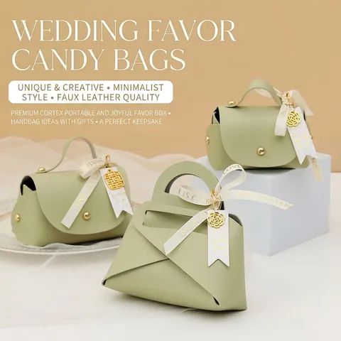 Mini PU Leather Wedding Candy Boxes Portable Gift Bags With Ribbon Metal Charm For Party Favors European Style