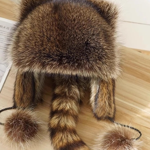 Waschbär Kunstpelz Trappermütze Mit Tierohren Langem Gestreiftem Schwanz Bommeln Winter Warme Ohrenklappenkappe