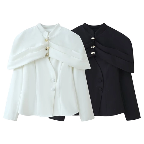 Women Elegant Cape Pleated Blouse Stand Collar Long Sleeve Top With Golden Irregular Buttons Slim Fit Office Lady Polyester Shirt