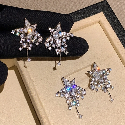 Ster Kwastje Oorbellen Koper Met Zilveren Oorknopje Glinsterende Zirkoon Studs Mode Sieraden Voor Vrouwen Elegant