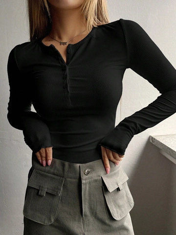 Damen Gerippt Strick Henley Ausschnitt Pullover Knopf Slim Fit Langarm Lässig Herbst Winter Top
