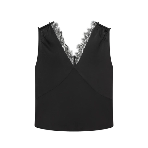 Top In Raso Nero Senza Maniche Con Scollo A V E Pizzo E Gonna Asimmetrica Street Style Elegante Donna