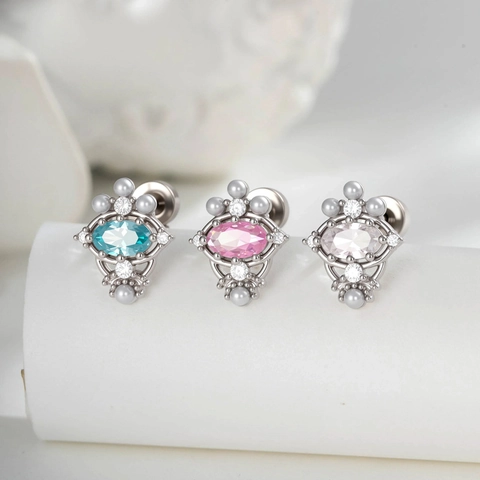 Boucle Oreille Piercing Zircone Ovale Acier Titane Künstliche Perle Stud Cartilage Vis Arrière Rétro Élégant Luxe