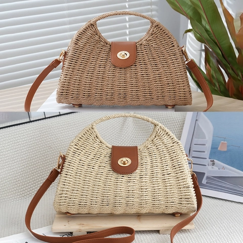 Vintage Straw Woven Shoulder Crossbody Bag With PU Leather Handle Twist Lock Summer Beach Vacation For Women