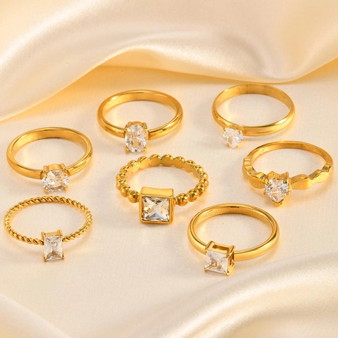 Minimalist Stainless Steel Ring Gold Plated Cubic Zirconia Geometric Adjustable Open Finger Jewelry For Women