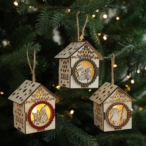 Christmas Tree Hanging Ornaments LED Glowing Wooden House Pendant Laser Cut Hollow Decorative Santa Snowman Reindeer Holiday Party Decor