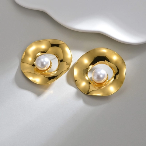 Vintage Orecchini a Bottone in Acciaio Inossidabile Cavo con Perla Artificiale Oro 18K Placcato Orecchini Geometrici Donna
