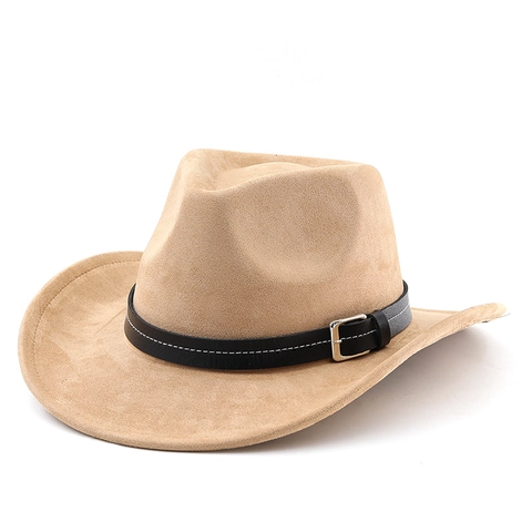 Western Cowboy Hat Suede Wide Upturned Brim Vintage Fedora With Faux Leather Belt Metal Buckle For Men Women Outdoor