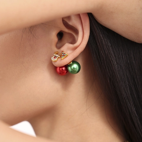 Kerstboom Rendier Roestvrij Stalen Oorknopjes Met Gekleurde Zirkonia Ingelegd Verguld Feestelijke Kerst Sieraden Voor Vrouwen