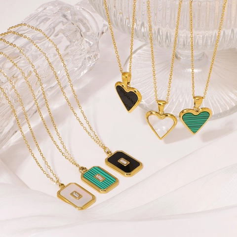18K Vergulde Roestvrijstalen Ketting Met Hart Rechthoek Natuurlijke Schelp Hanger Elegante Zirkonia Sieraden Voor Dames