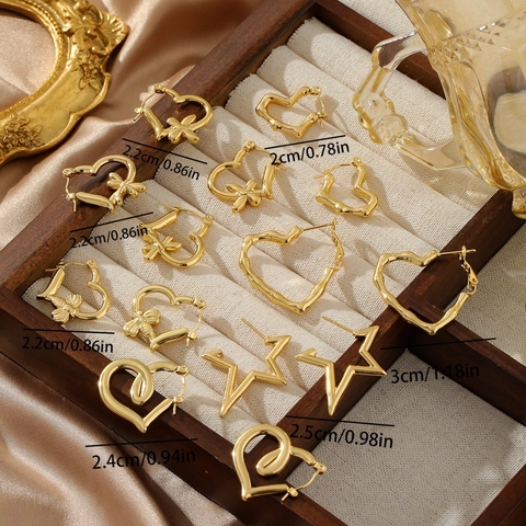 Orecchini Vintage Francesi In Acciaio Inossidabile Placcato Oro 18K Forma Cuore Stella Ape Fiocco Gioielli Moda Donna