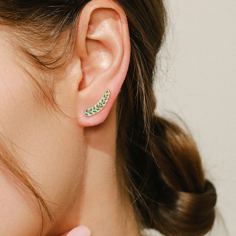 925 Sterling Silber Blatt Ear Climber Ohrringe Mit Grüner Emaille Waldstil Schmuck Für Frauen Natürlicher Olivenzweig