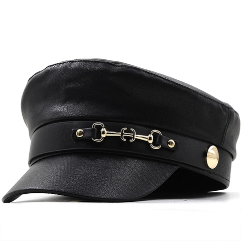 PU Leather Newsboy Cap For Women Vintage British Style Military Hat With Metal Horsebit Buckle Retro Flat Top