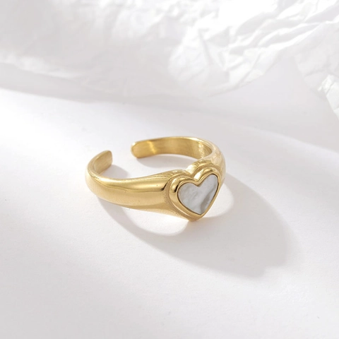 Heart Mother Of Artificial Pearl Stainless Steel Open Ring Gold Plated Adjustable Minimalist Fashion Jewelry For Women