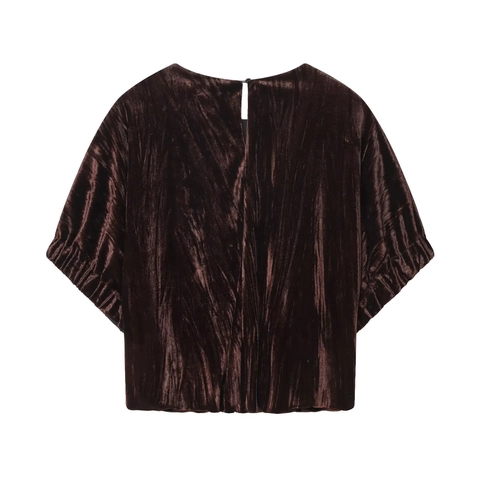Elegant Women Velvet Ruched Balloon T-Shirt Lantern Sleeve Round Neck Solid Color Casual Short Sleeve Velvet Top