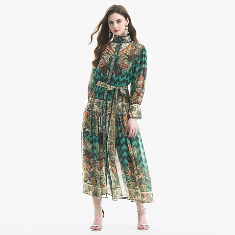 Böhmisches Maxi Kleid Mit Paisley Muster Für Damen Vintage Lange Laternenärmel Stehkragen Hohe Taille Chiffon Elegantes Langes Kleid
