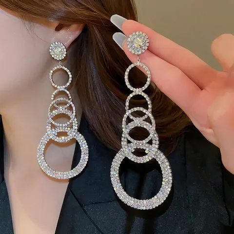 Orecchini Pendenti A Cerchio Circolare Multistrato Esagerati Di Lusso Con Strass AB E Perno In Argento