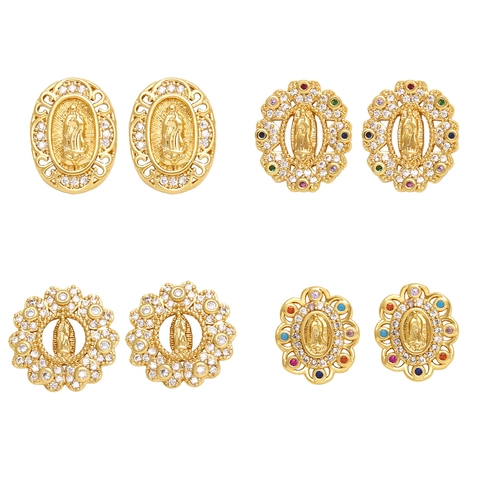 Boucles D'oreilles Puces Vierge Marie Cuivre Plaqué Or Notre Dame De Guadalupe Zircon Coloré Bijoux Religieux Vintage