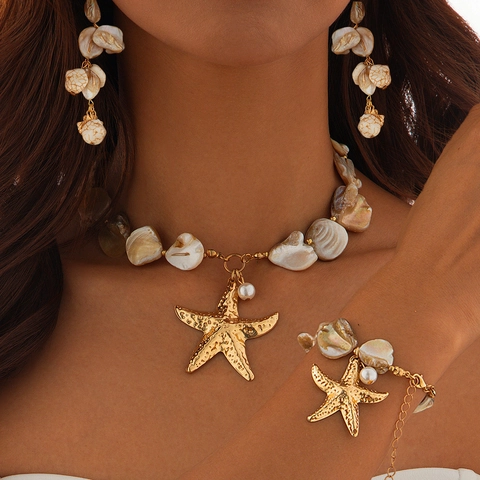 Bohemian Starfish Shell Artificial Pearl Alloy Necklace Earrings Bracelet For Women Summer Beach Ocean Jewelry Silver Earring Post