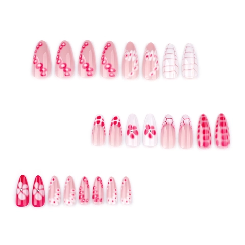 Press On Nails Court Amande Brillant Rose Blanc Motif Floral Strass Artificiels Faux Ongles Pour Femmes