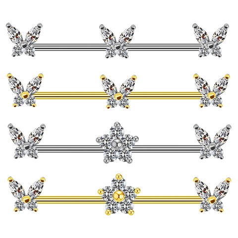 Industrial Barbell Ear Piercing 316L Stainless Steel Butterfly Flower Cubic Zirconia Body Jewelry For Women
