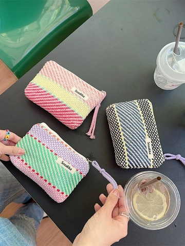 Woven Striped Cosmetic Bag Zipper Storage Pouch With Lanyard Contrast Color Makeup Bag Portable Mini Coin Purse For Women