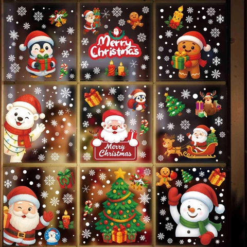 Christmas Window Cling Stickers Santa Claus Snowman Reindeer Snowflake Static PVC Double Sided Color Holiday Glass Decor
