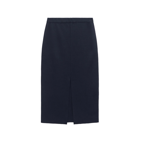 Damen Elegant Marineblau Strick Midirock Hohe Taille Vorderer Schlitz Elastische Taille Einfarbig Lässig Büro Rock