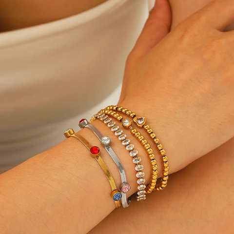 Stainless Steel Bracelets For Women 18K Gold Plated Cubic Zirconia Heart Beaded Dainty Stackable Jewelry