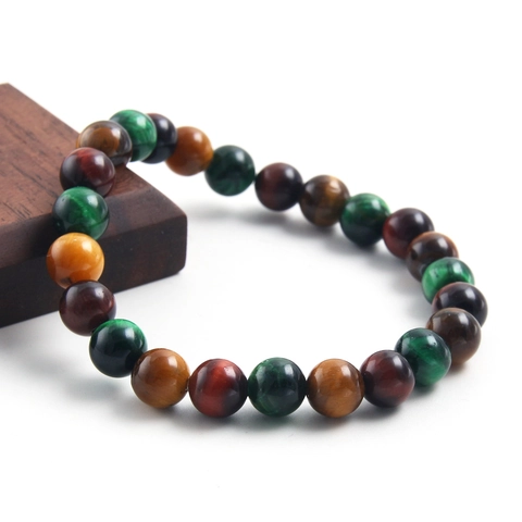 Bracciale in Perline di Pietra Naturale Occhio di Tigre per Donna Uomo Sfumatura Multicolore Perle Tonde Braccialetto Elastico Yoga