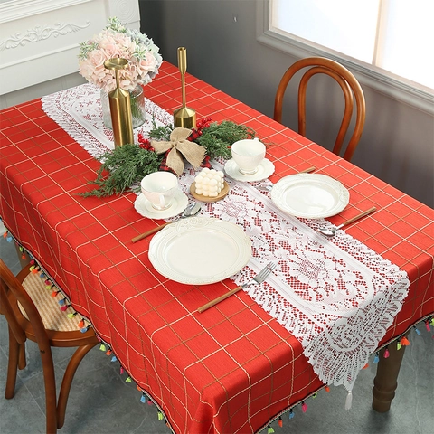 Vintage Christmas Lace Table Runner Polyester Knitted Hollow Out Floral Design With Tassel For Party Wedding Holiday Decoration